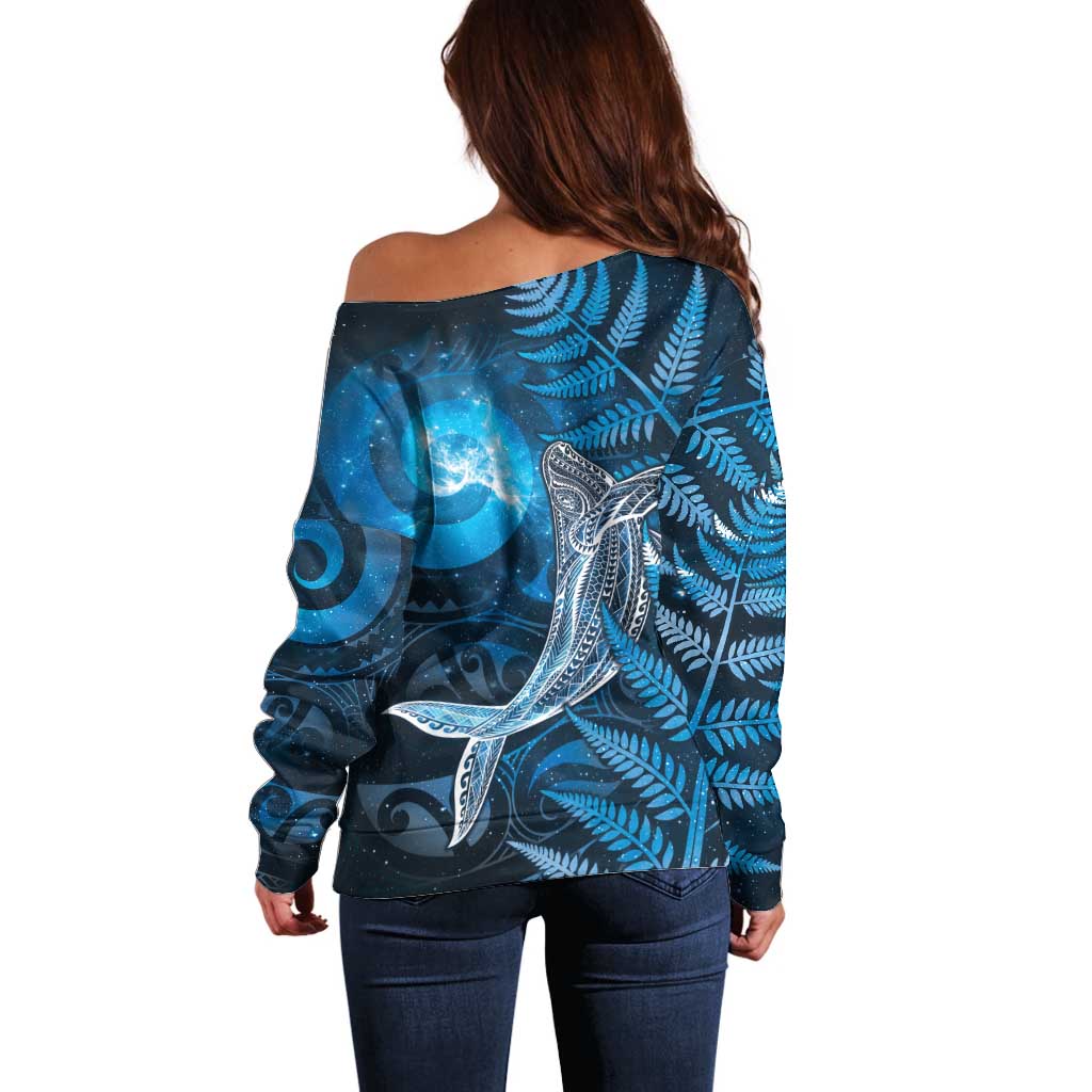 New Zealand Matariki Off Shoulder Sweater Maori Koru With Humpback Whale Blue