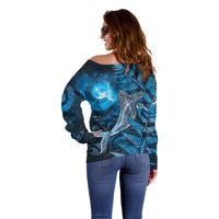 New Zealand Matariki Off Shoulder Sweater Maori Koru With Humpback Whale Blue