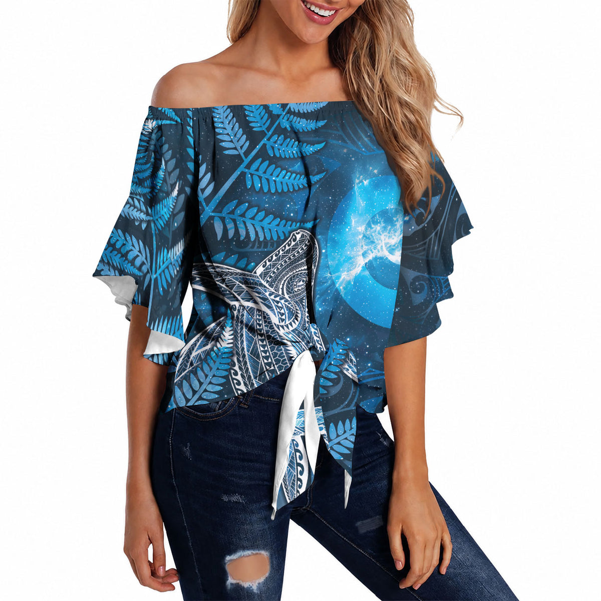 New Zealand Matariki Off Shoulder Wrap Waist Top Maori Koru With Humpback Whale Blue LT05 - Polynesian Pride