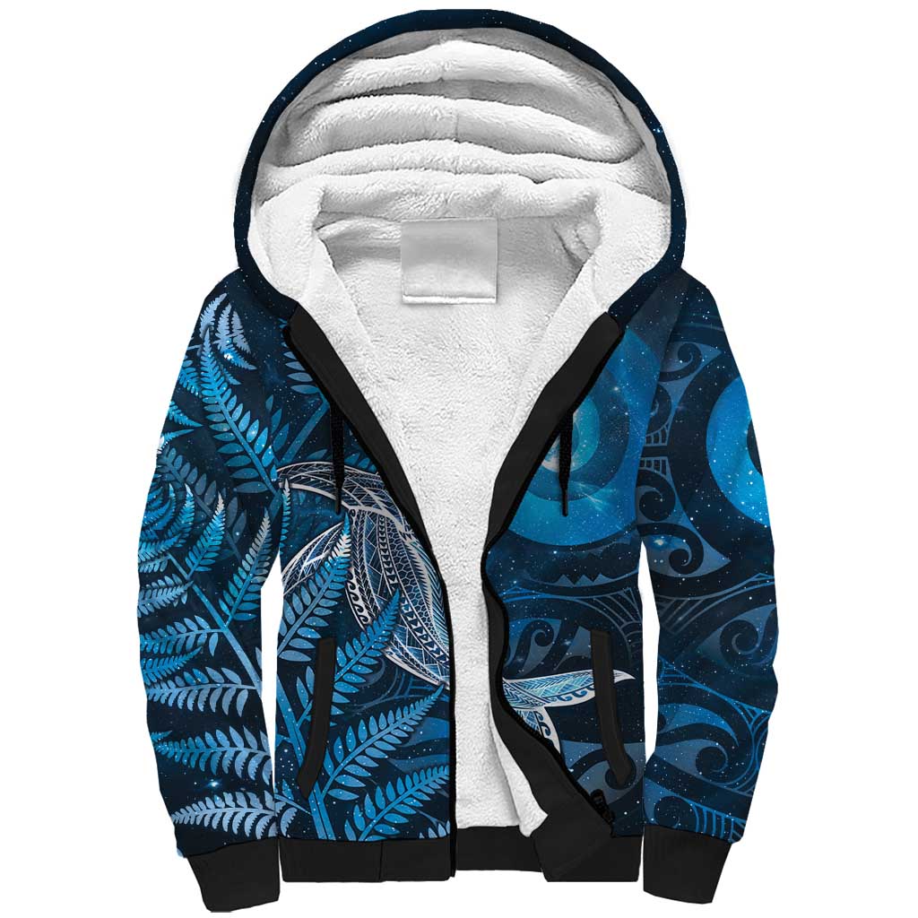 New Zealand Matariki Sherpa Hoodie Maori Koru With Humpback Whale Blue