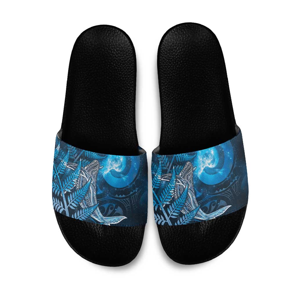 New Zealand Matariki Slide Sandals Maori Koru With Humpback Whale Blue