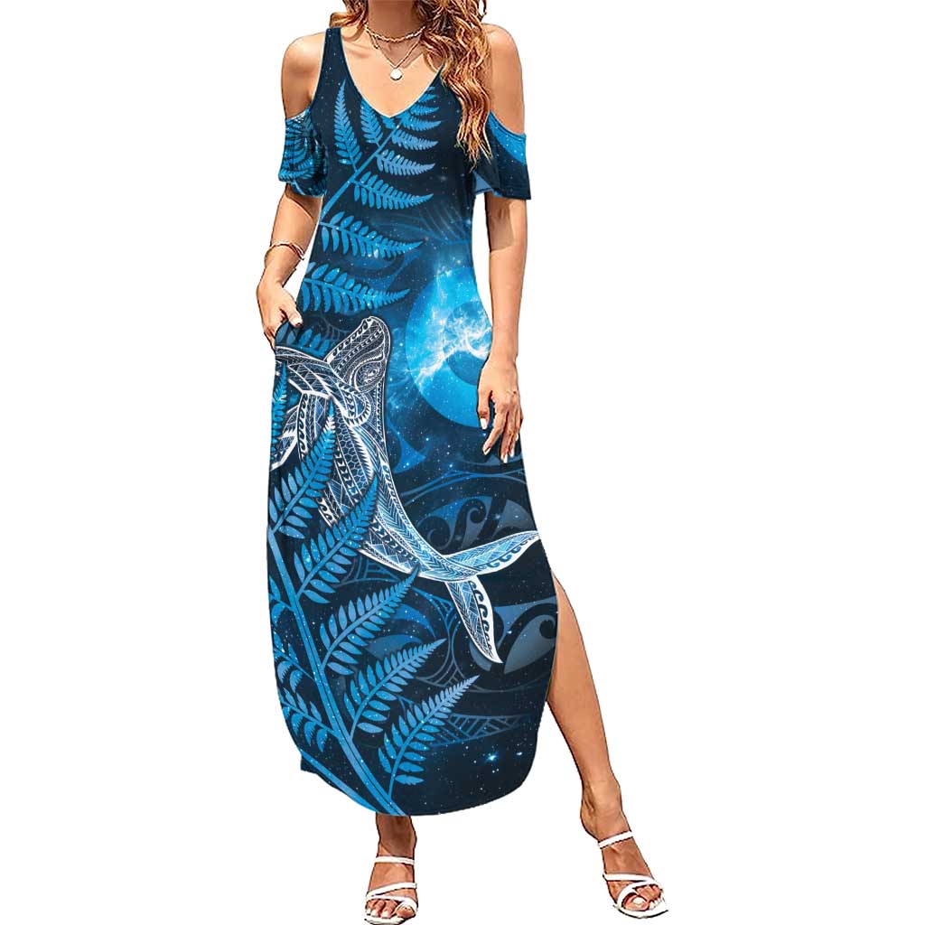 New Zealand Matariki Summer Maxi Dress Maori Koru With Humpback Whale Blue
