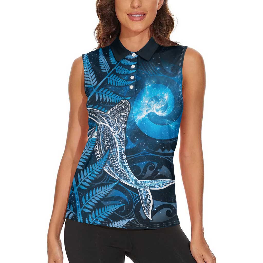 New Zealand Matariki Women Sleeveless Polo Shirt Maori Koru With Humpback Whale Blue LT05 - Polynesian Pride
