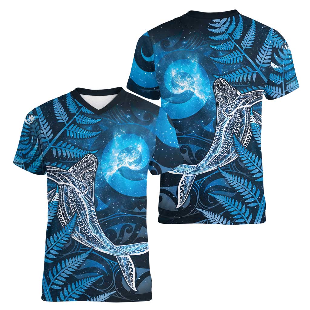 New Zealand Matariki Women V-Neck T-Shirt Maori Koru With Humpback Whale Blue