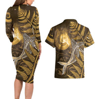 New Zealand Matariki Couples Matching Long Sleeve Bodycon Dress and Hawaiian Shirt Maori Koru With Humpback Whale Gold LT05 - Polynesian Pride