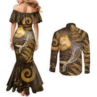 New Zealand Matariki Couples Matching Mermaid Dress and Long Sleeve Button Shirt Maori Koru With Humpback Whale Gold LT05 - Polynesian Pride
