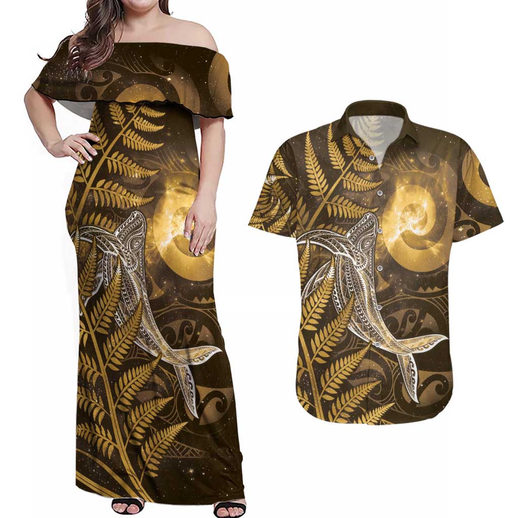 New Zealand Matariki Couples Matching Off Shoulder Maxi Dress and Hawaiian Shirt Maori Koru With Humpback Whale Gold