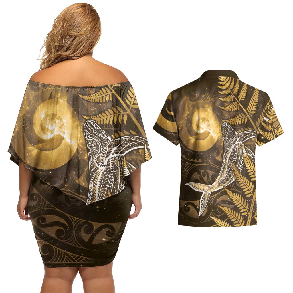 New Zealand Matariki Couples Matching Off Shoulder Short Dress and Hawaiian Shirt Maori Koru With Humpback Whale Gold LT05 - Polynesian Pride