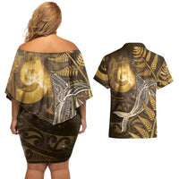 New Zealand Matariki Couples Matching Off Shoulder Short Dress and Hawaiian Shirt Maori Koru With Humpback Whale Gold LT05 - Polynesian Pride