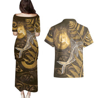 New Zealand Matariki Couples Matching Puletasi and Hawaiian Shirt Maori Koru With Humpback Whale Gold
