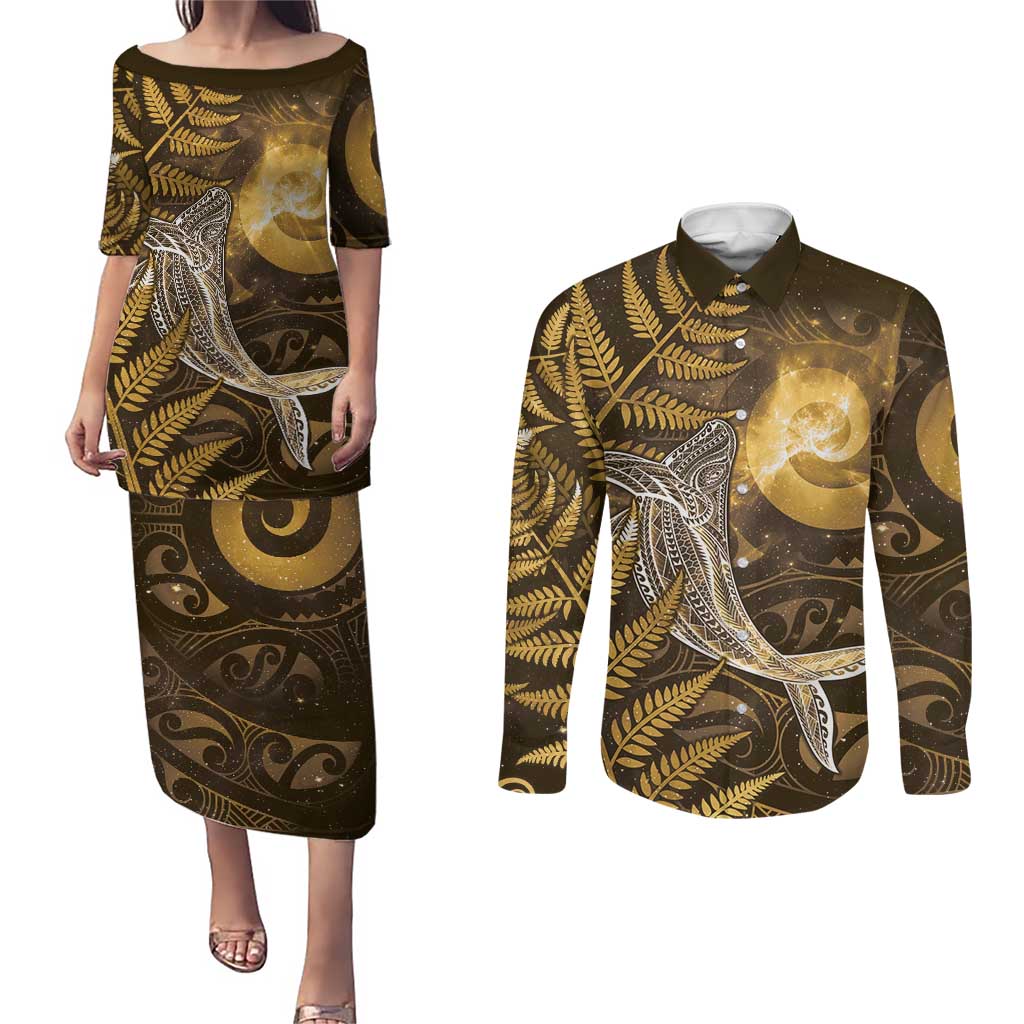 New Zealand Matariki Couples Matching Puletasi and Long Sleeve Button Shirt Maori Koru With Humpback Whale Gold