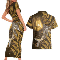 New Zealand Matariki Couples Matching Short Sleeve Bodycon Dress and Hawaiian Shirt Maori Koru With Humpback Whale Gold LT05 - Polynesian Pride
