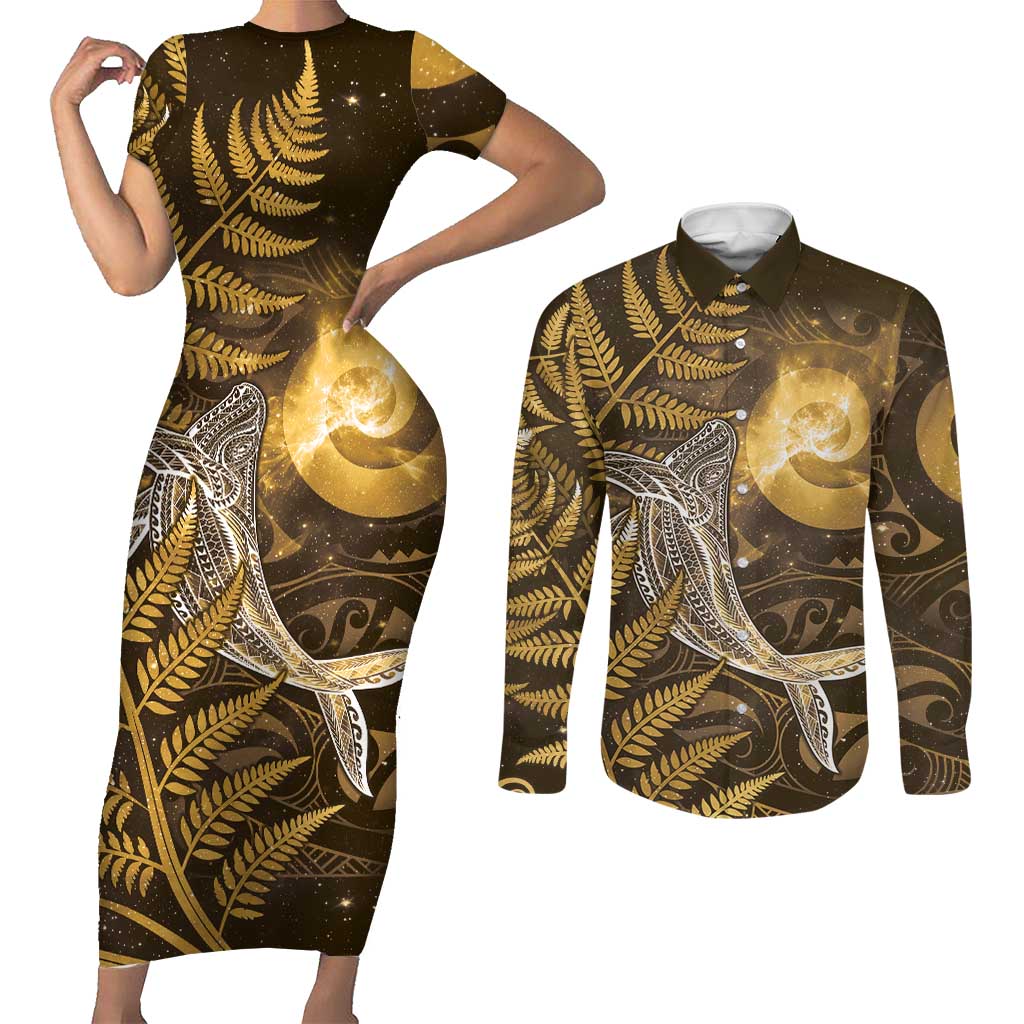 New Zealand Matariki Couples Matching Short Sleeve Bodycon Dress and Long Sleeve Button Shirt Maori Koru With Humpback Whale Gold LT05 Gold - Polynesian Pride