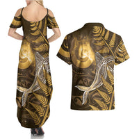 New Zealand Matariki Couples Matching Summer Maxi Dress and Hawaiian Shirt Maori Koru With Humpback Whale Gold LT05 - Polynesian Pride