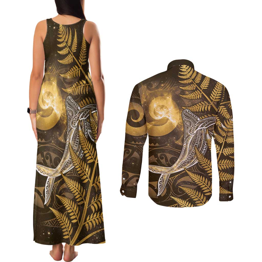 New Zealand Matariki Couples Matching Tank Maxi Dress and Long Sleeve Button Shirt Maori Koru With Humpback Whale Gold