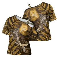 New Zealand Matariki Cross Shoulder Shirt Maori Koru With Humpback Whale Gold