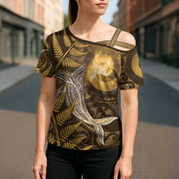 New Zealand Matariki Cross Shoulder Shirt Maori Koru With Humpback Whale Gold