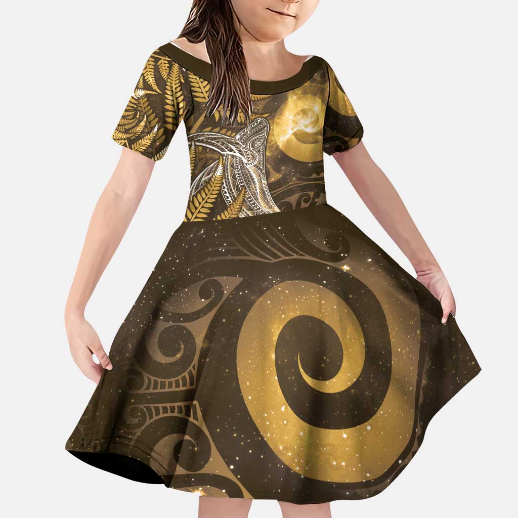 New Zealand Matariki Family Matching Long Sleeve Bodycon Dress and Hawaiian Shirt Maori Koru With Humpback Whale Gold LT05 Daughter's Dress Gold - Polynesian Pride