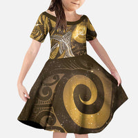 New Zealand Matariki Family Matching Long Sleeve Bodycon Dress and Hawaiian Shirt Maori Koru With Humpback Whale Gold LT05 Daughter's Dress Gold - Polynesian Pride