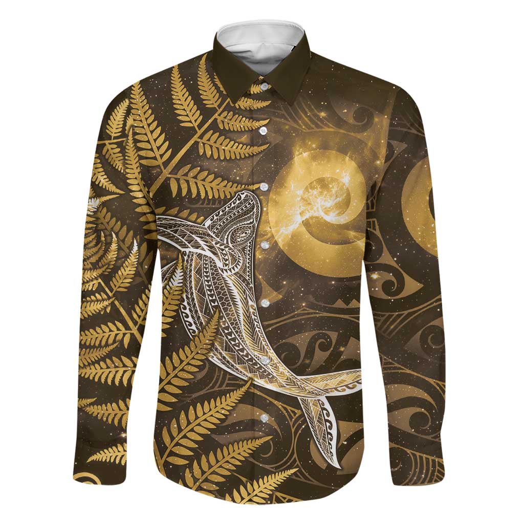 New Zealand Matariki Family Matching Long Sleeve Bodycon Dress and Hawaiian Shirt Maori Koru With Humpback Whale Gold LT05 Dad's Shirt - Long Sleeve Gold - Polynesian Pride
