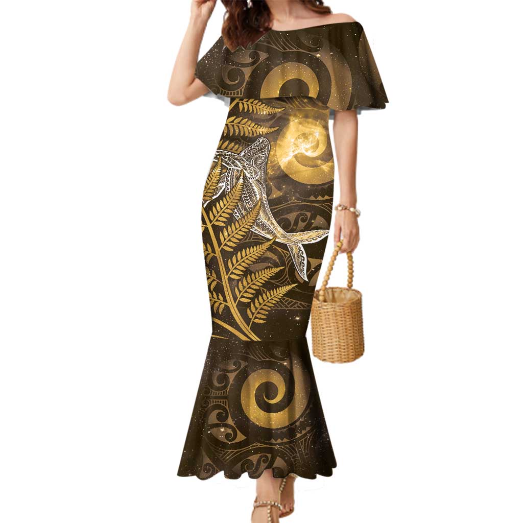 New Zealand Matariki Family Matching Mermaid Dress and Hawaiian Shirt Maori Koru With Humpback Whale Gold LT05 Mom's Dress Gold - Polynesian Pride