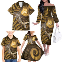 New Zealand Matariki Family Matching Off The Shoulder Long Sleeve Dress and Hawaiian Shirt Maori Koru With Humpback Whale Gold LT05 - Polynesian Pride