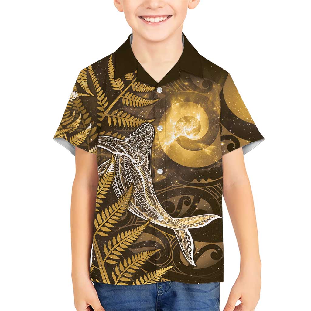 New Zealand Matariki Family Matching Off Shoulder Maxi Dress and Hawaiian Shirt Maori Koru With Humpback Whale Gold LT05 Son's Shirt Gold - Polynesian Pride