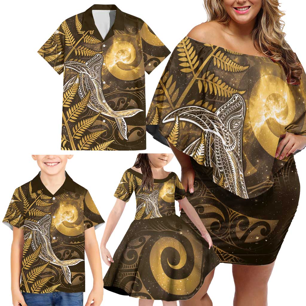 New Zealand Matariki Family Matching Off Shoulder Short Dress and Hawaiian Shirt Maori Koru With Humpback Whale Gold