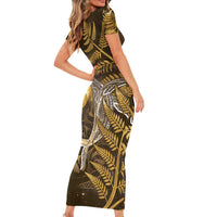 New Zealand Matariki Family Matching Short Sleeve Bodycon Dress and Hawaiian Shirt Maori Koru With Humpback Whale Gold LT05 - Polynesian Pride