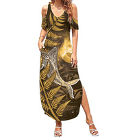New Zealand Matariki Family Matching Summer Maxi Dress and Hawaiian Shirt Maori Koru With Humpback Whale Gold LT05 Mom's Dress Gold - Polynesian Pride