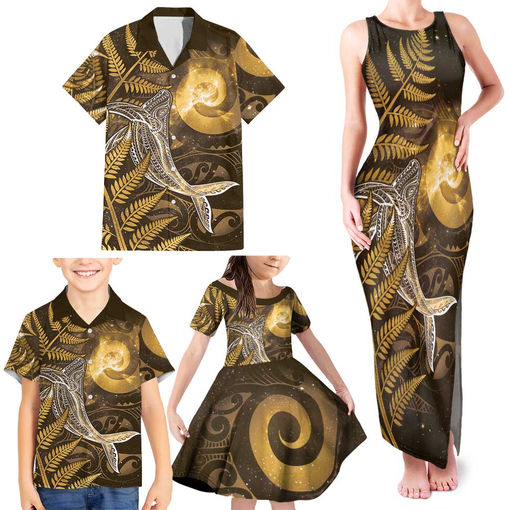 New Zealand Matariki Family Matching Tank Maxi Dress and Hawaiian Shirt Maori Koru With Humpback Whale Gold