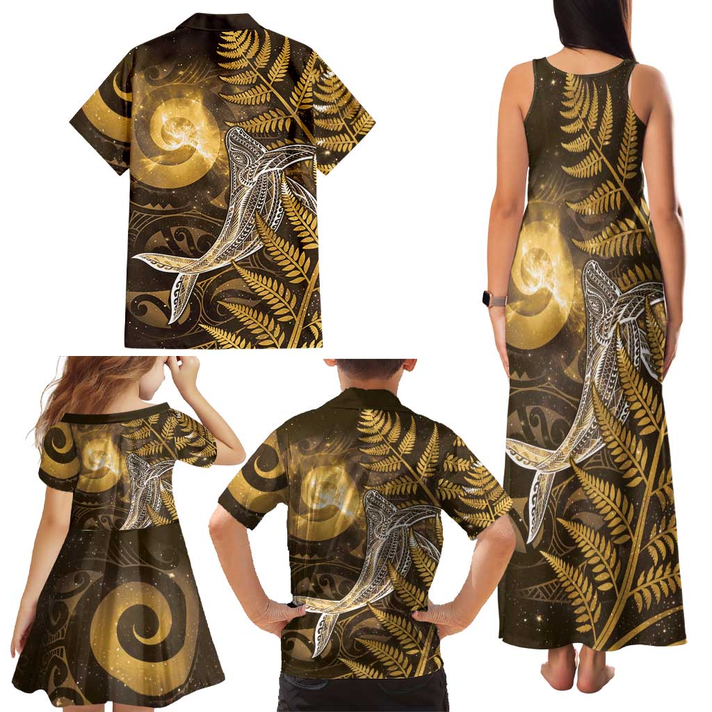 New Zealand Matariki Family Matching Tank Maxi Dress and Hawaiian Shirt Maori Koru With Humpback Whale Gold LT05 - Polynesian Pride