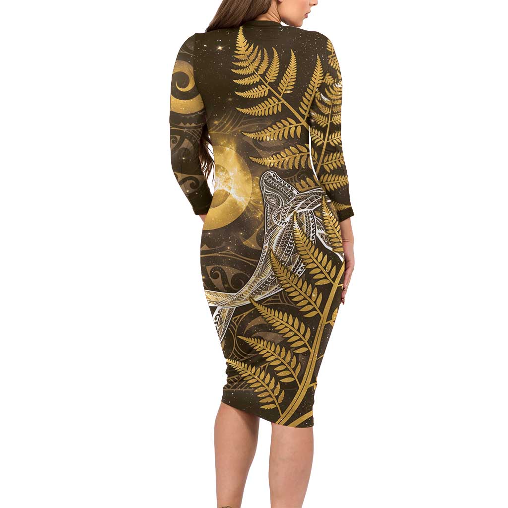 New Zealand Matariki Long Sleeve Bodycon Dress Maori Koru With Humpback Whale Gold