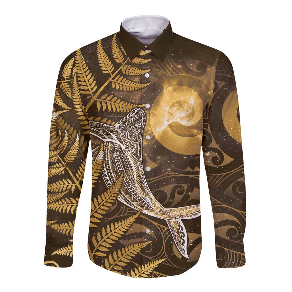 New Zealand Matariki Long Sleeve Button Shirt Maori Koru With Humpback Whale Gold