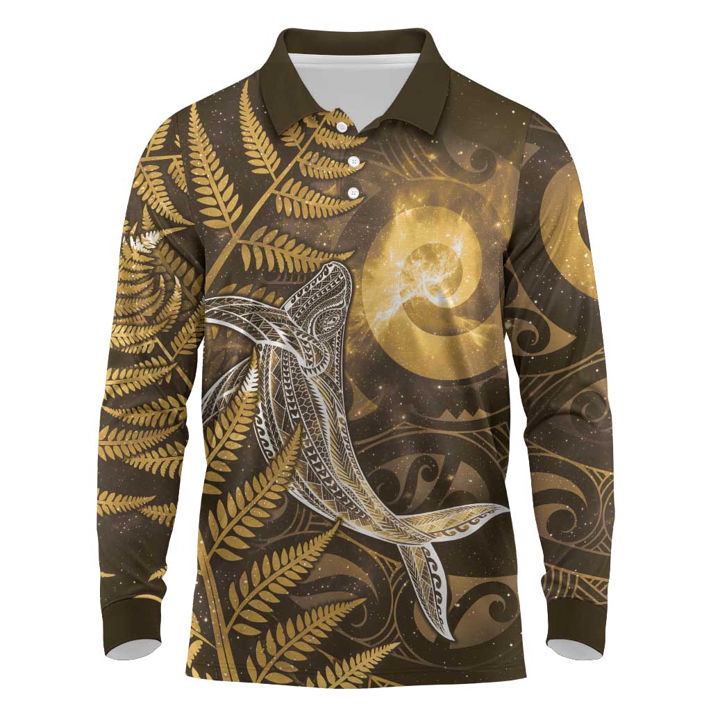 New Zealand Matariki Long Sleeve Polo Shirt Maori Koru With Humpback Whale Gold