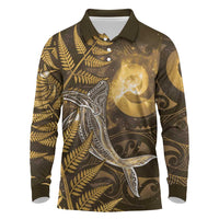 New Zealand Matariki Long Sleeve Polo Shirt Maori Koru With Humpback Whale Gold
