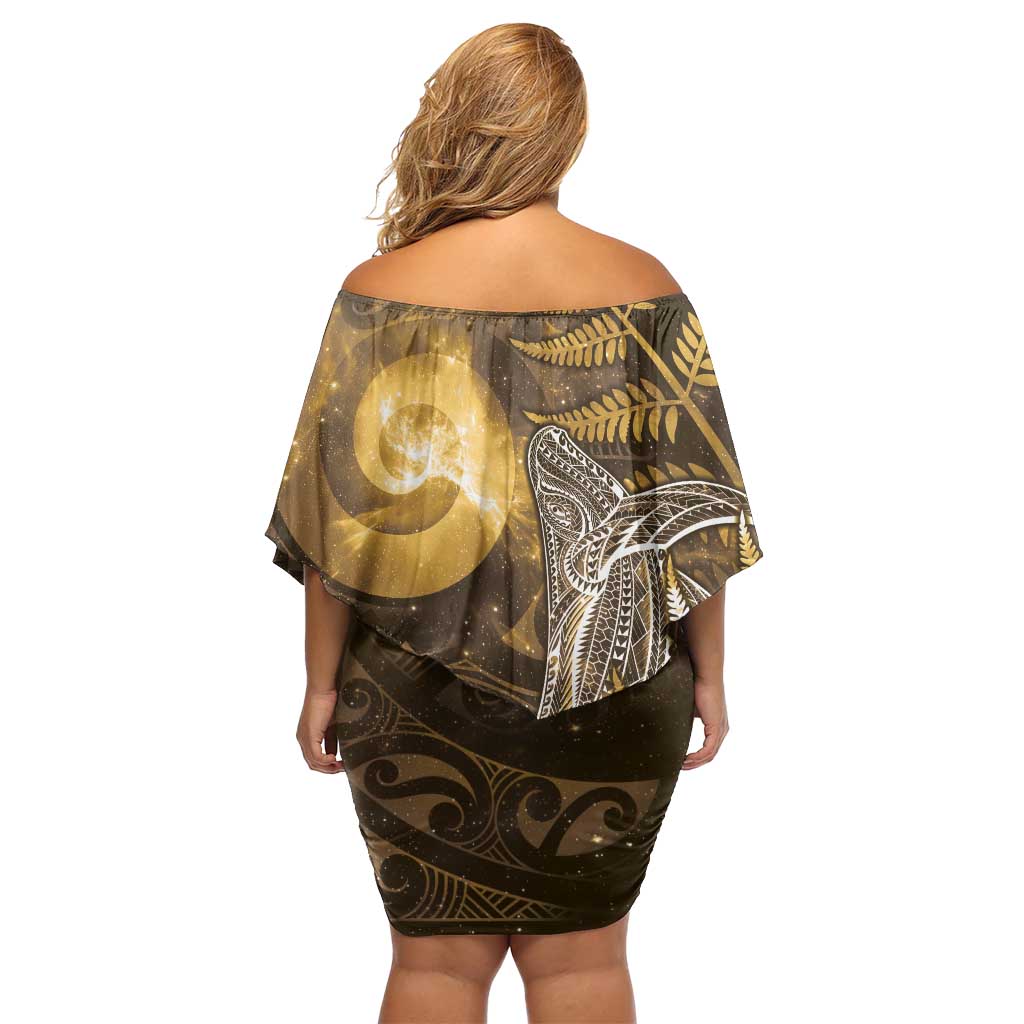 New Zealand Matariki Off Shoulder Short Dress Maori Koru With Humpback Whale Gold