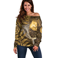 New Zealand Matariki Off Shoulder Sweater Maori Koru With Humpback Whale Gold
