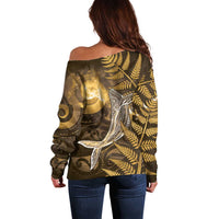 New Zealand Matariki Off Shoulder Sweater Maori Koru With Humpback Whale Gold