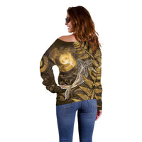 New Zealand Matariki Off Shoulder Sweater Maori Koru With Humpback Whale Gold