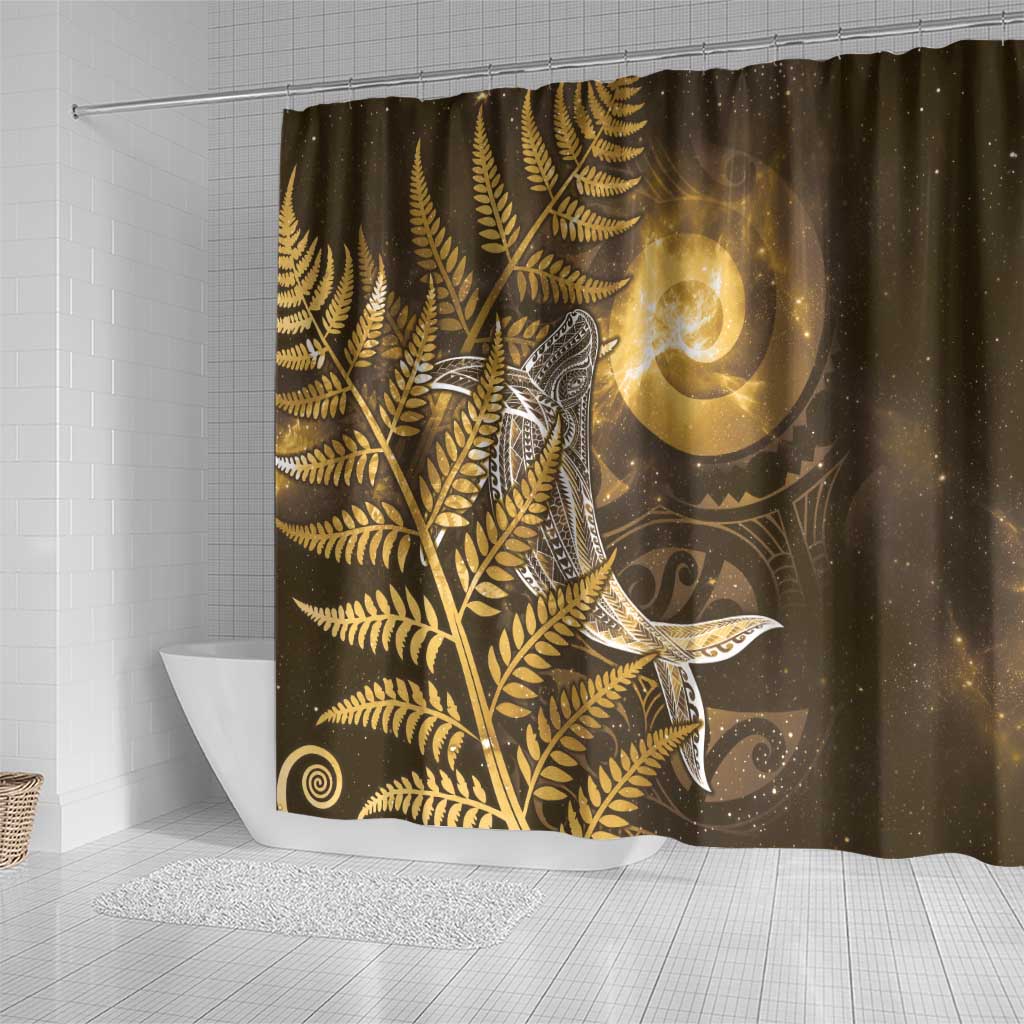 New Zealand Matariki Shower Curtain Maori Koru With Humpback Whale Gold