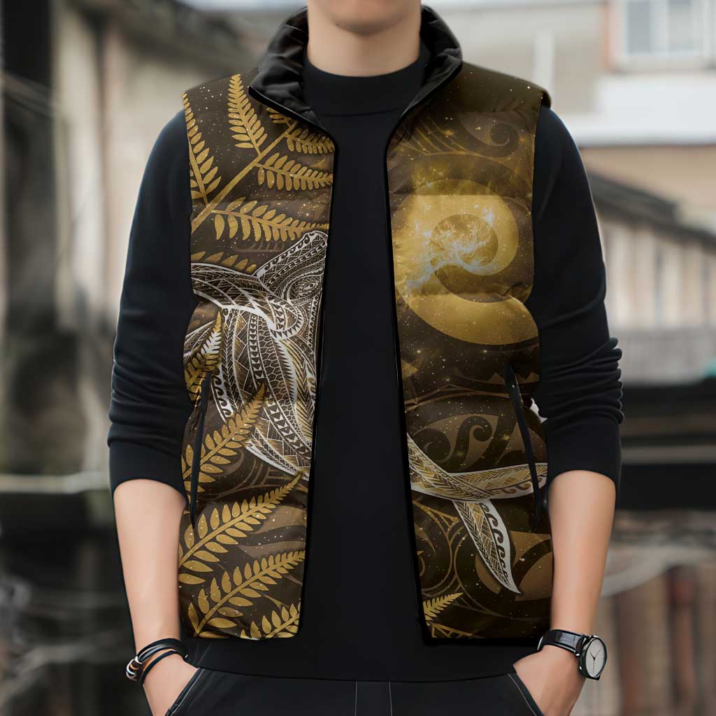 New Zealand Matariki Sleeveless Puffer Jacket Maori Koru With Humpback Whale Gold