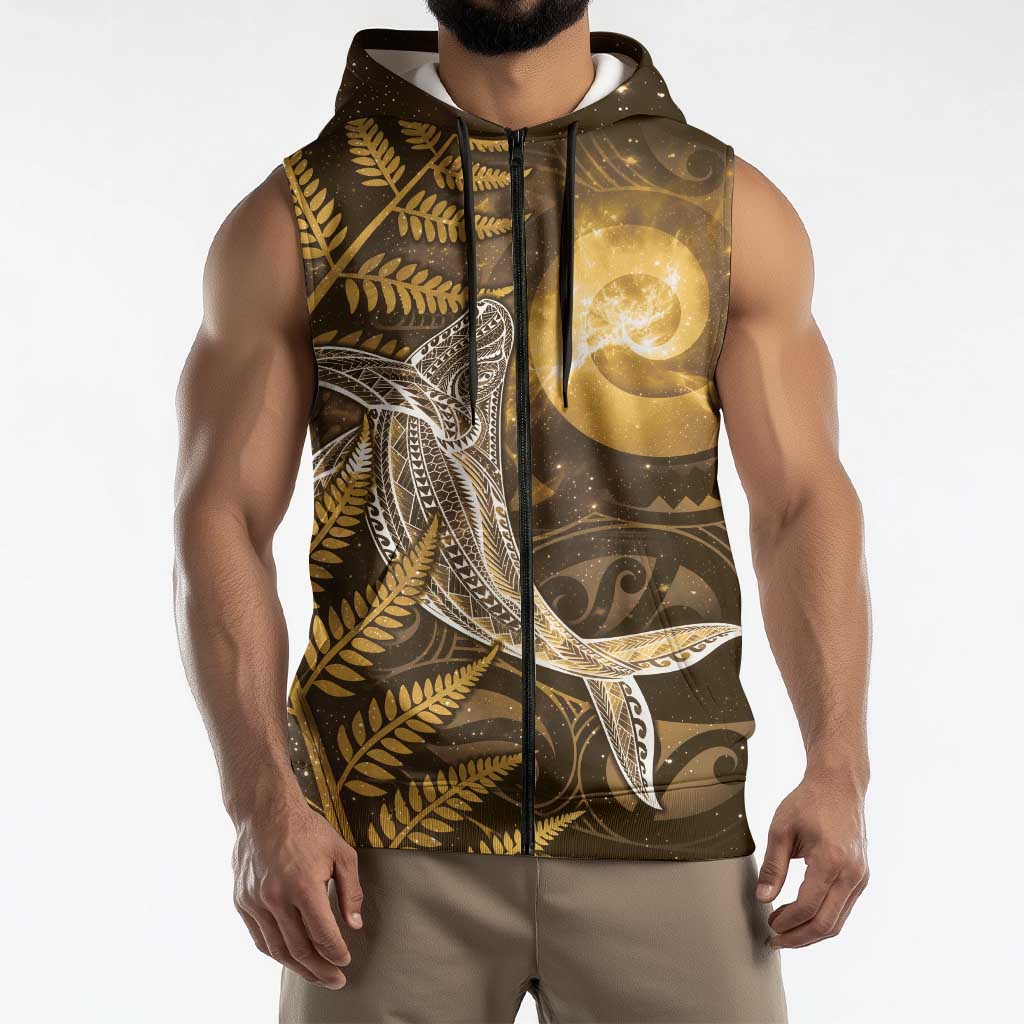 New Zealand Matariki Sleeveless Zip Hoodie Maori Koru With Humpback Whale Gold