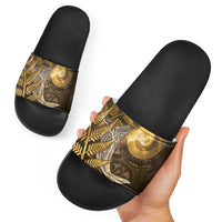 New Zealand Matariki Slide Sandals Maori Koru With Humpback Whale Gold