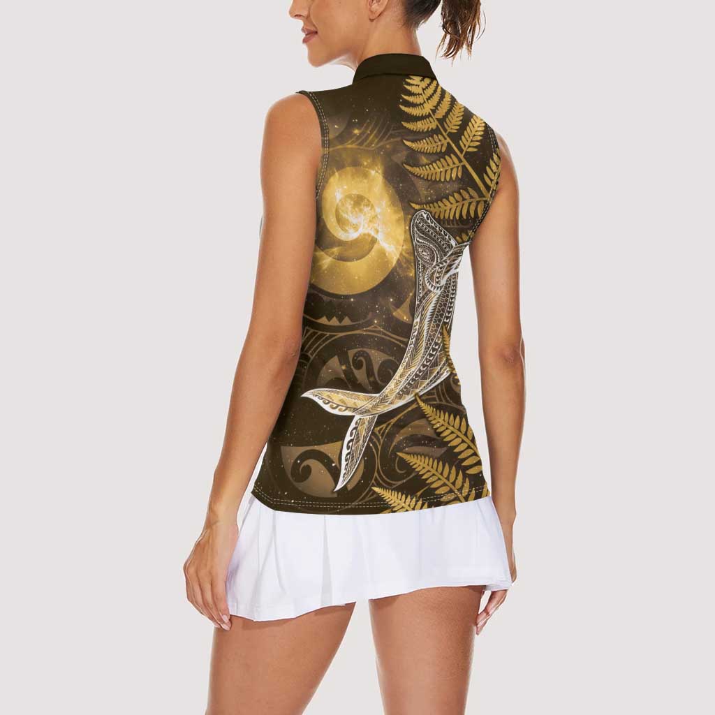New Zealand Matariki Women Sleeveless Polo Shirt Maori Koru With Humpback Whale Gold LT05 - Polynesian Pride