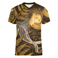 New Zealand Matariki Women V-Neck T-Shirt Maori Koru With Humpback Whale Gold LT05 Female Gold - Polynesian Pride