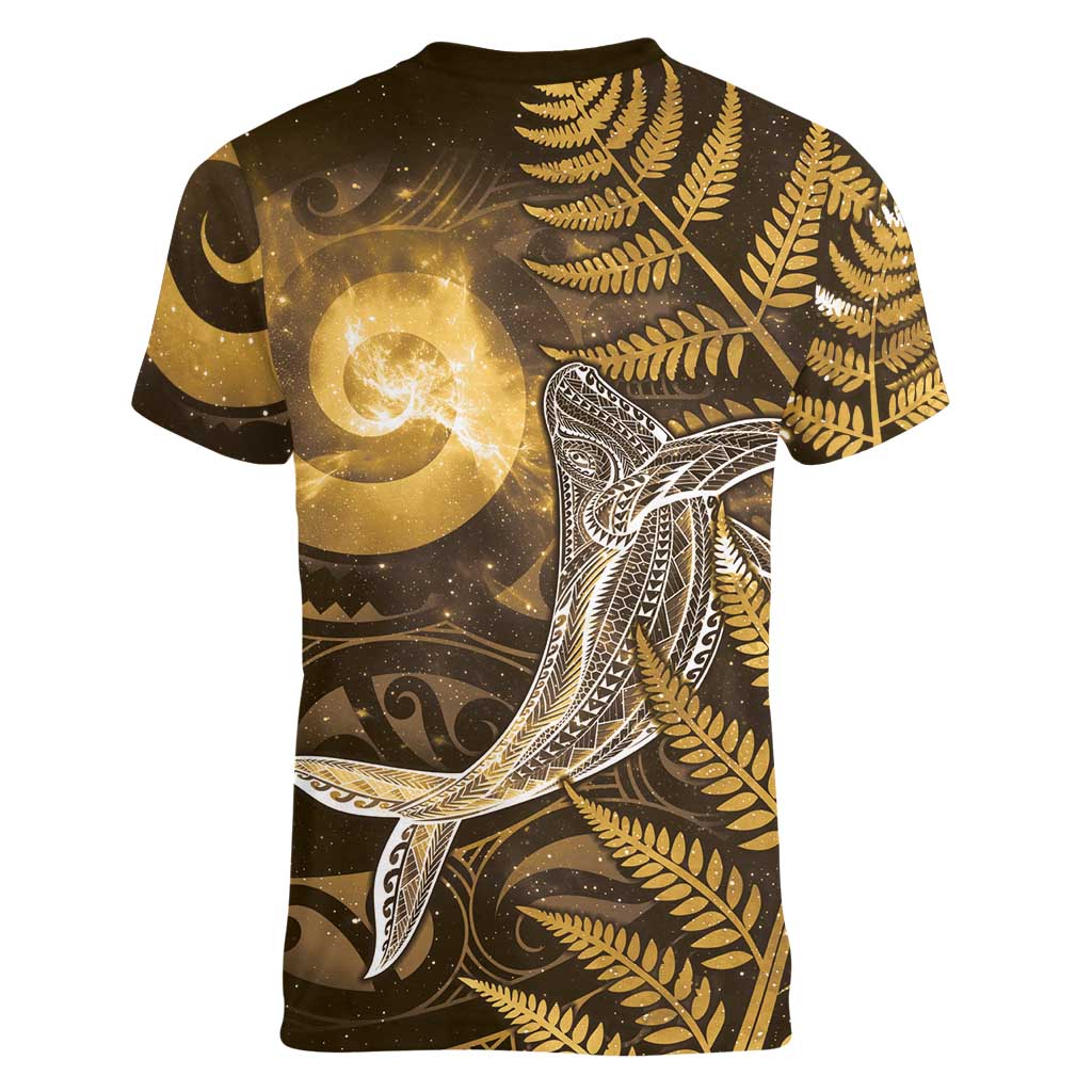 New Zealand Matariki Women V-Neck T-Shirt Maori Koru With Humpback Whale Gold LT05 - Polynesian Pride