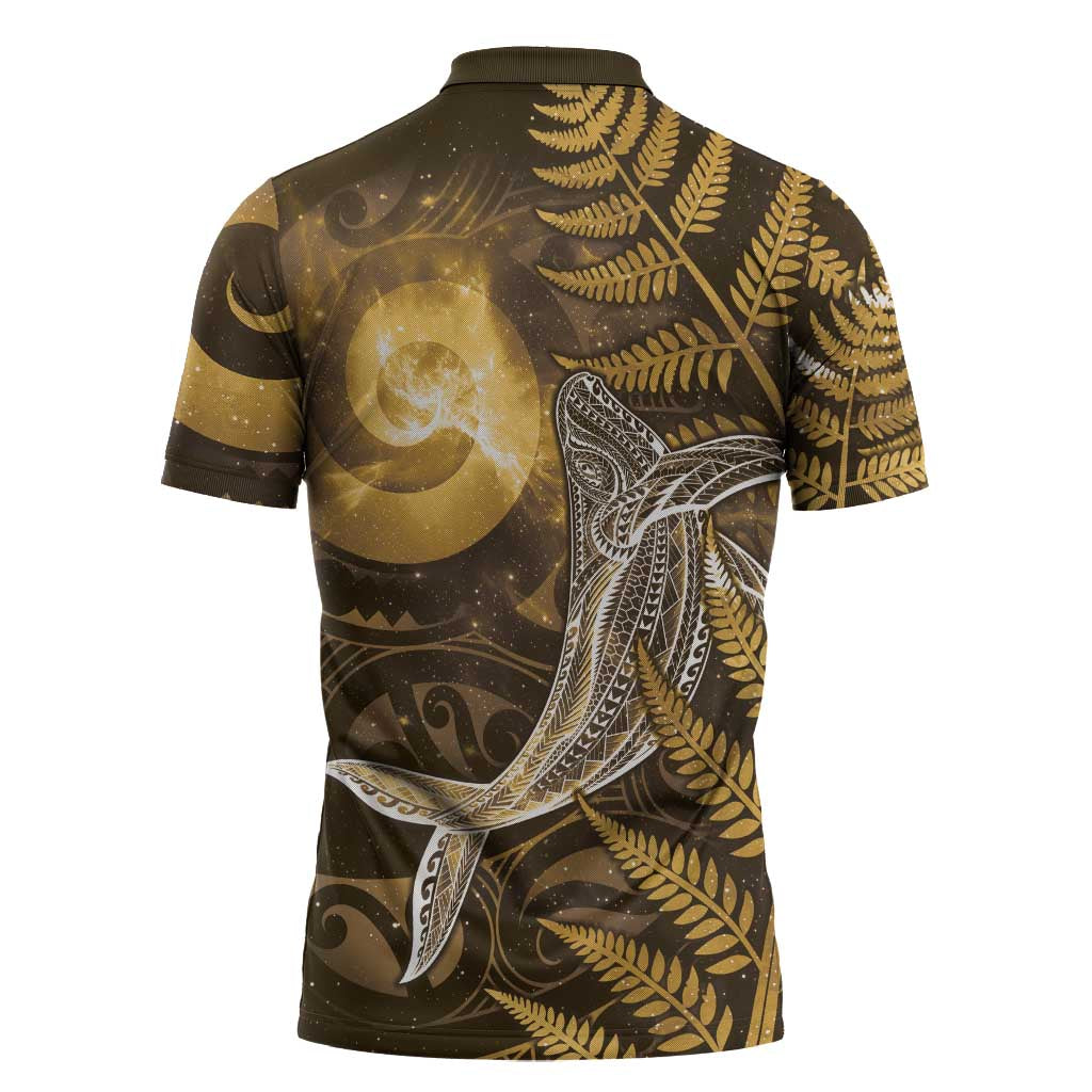 New Zealand Matariki Zipper Polo Shirt Maori Koru With Humpback Whale Gold