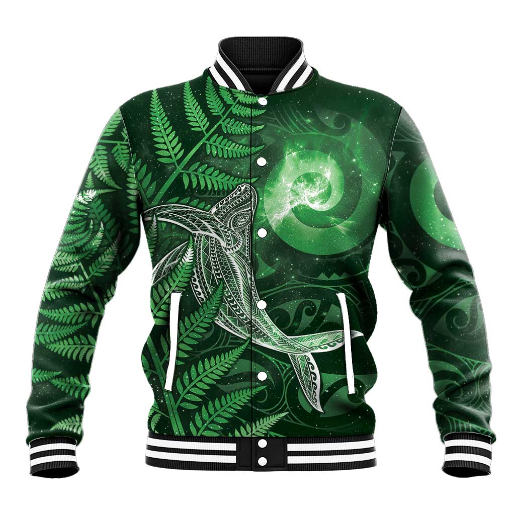 New Zealand Matariki Baseball Jacket Maori Koru With Humpback Whale Green
