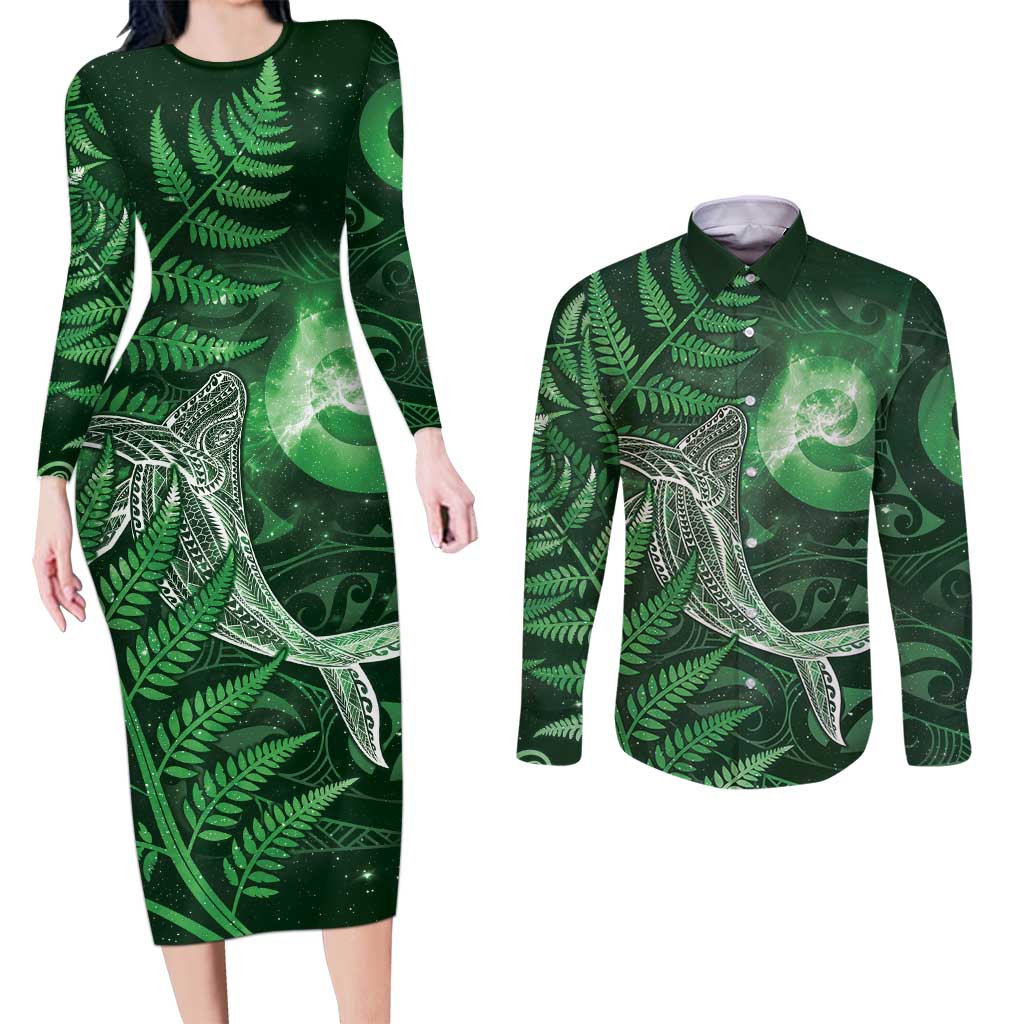 New Zealand Matariki Couples Matching Long Sleeve Bodycon Dress and Long Sleeve Button Shirt Maori Koru With Humpback Whale Green LT05 Green - Polynesian Pride